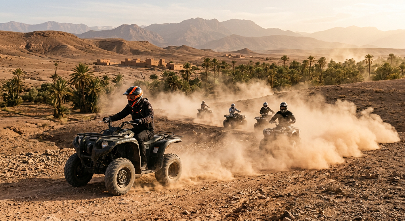 Quad biking across Agafay desert palm groves near Marrakech with a dust trail