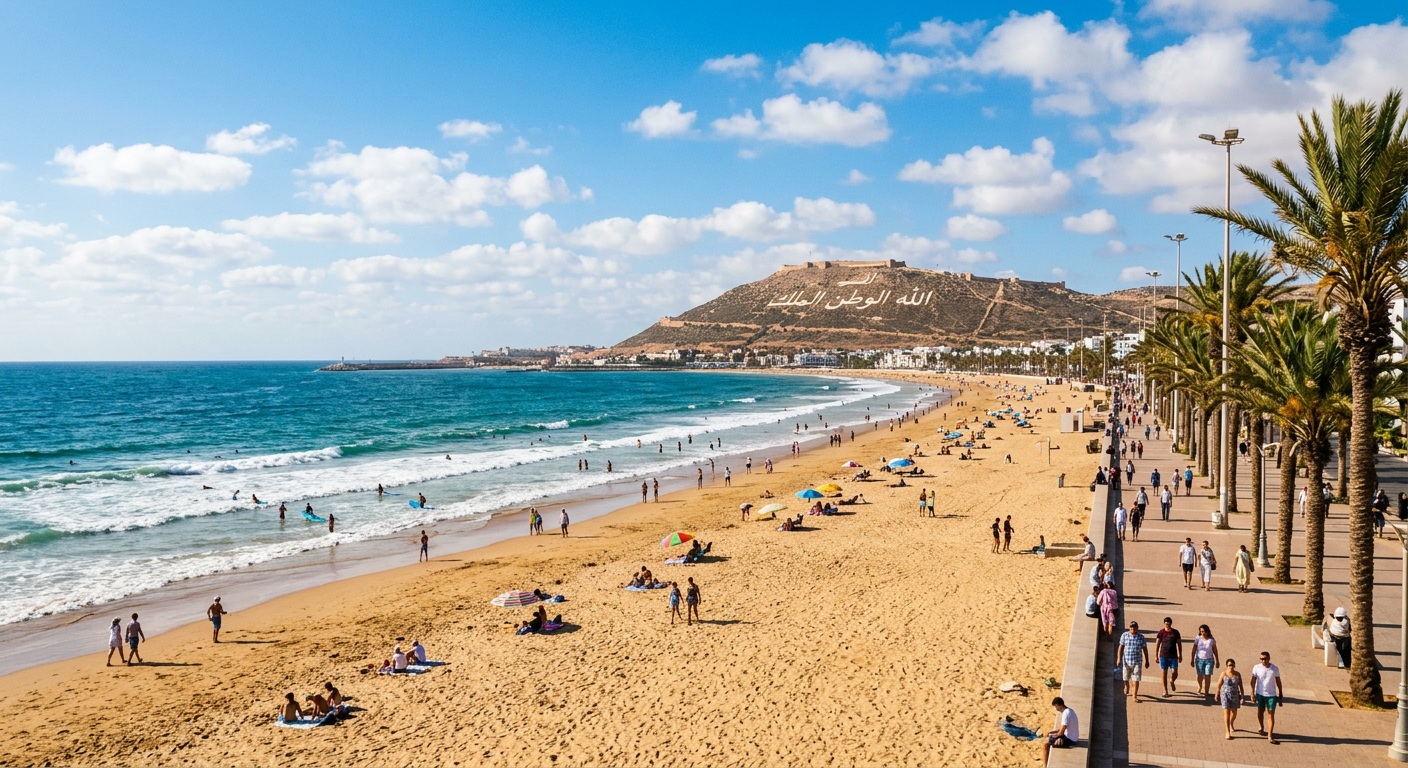 Golden sand beach and palm-lined promenade in Agadir with Atlantic surf