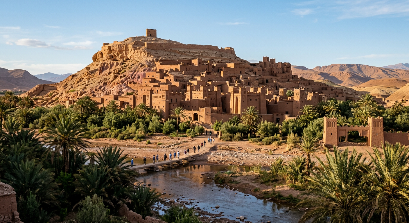 Ancient fortified earthen kasbah of Ait Ben Haddou on a hill with palm trees