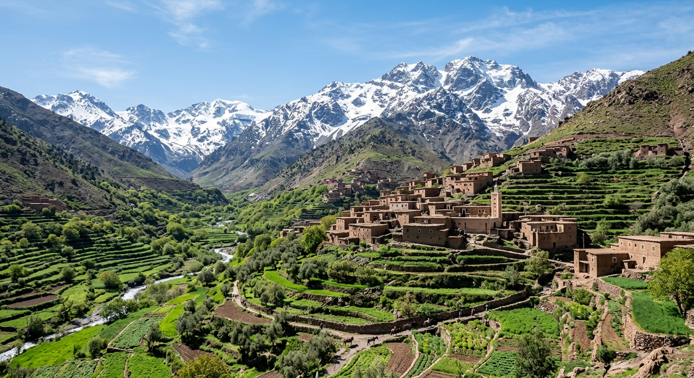 Snow-capped High Atlas Mountains above a Berber village with terraced fields