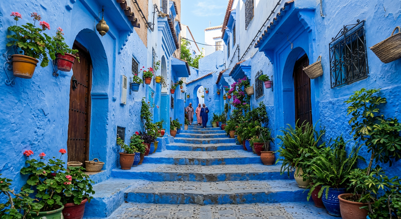 Blue-painted streets and buildings of Chefchaouen in the Rif Mountains