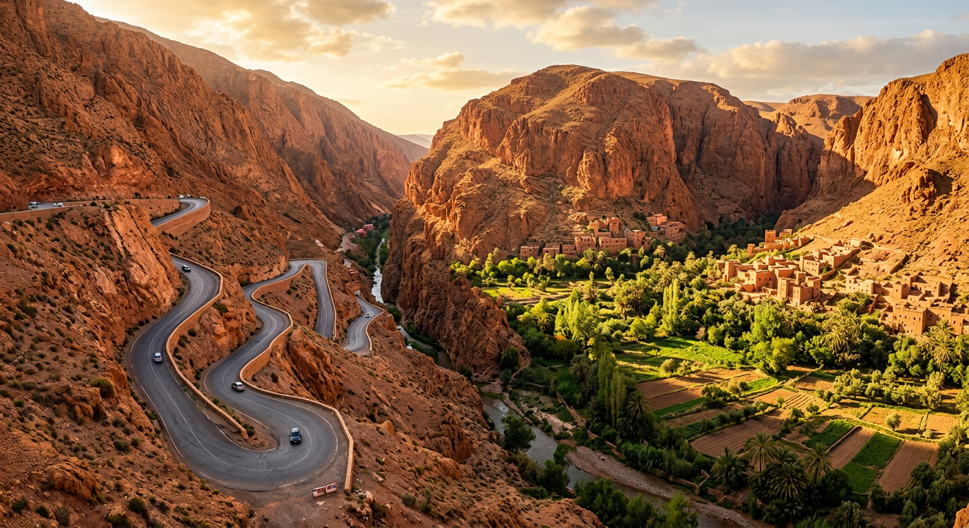 Winding road through the red rock canyon of the Dades Valley with a green oasis below