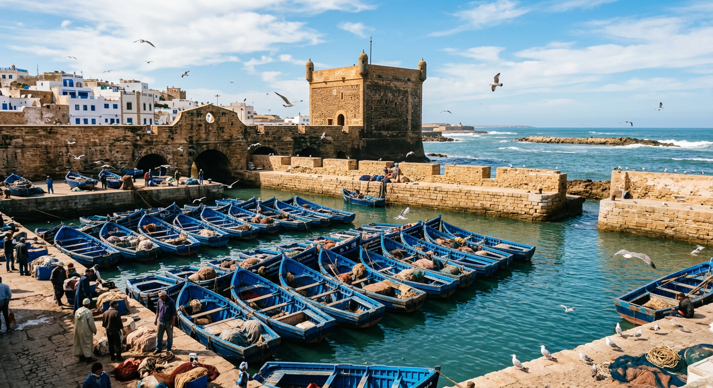 Blue fishing boats in Essaouira harbor with old stone ramparts