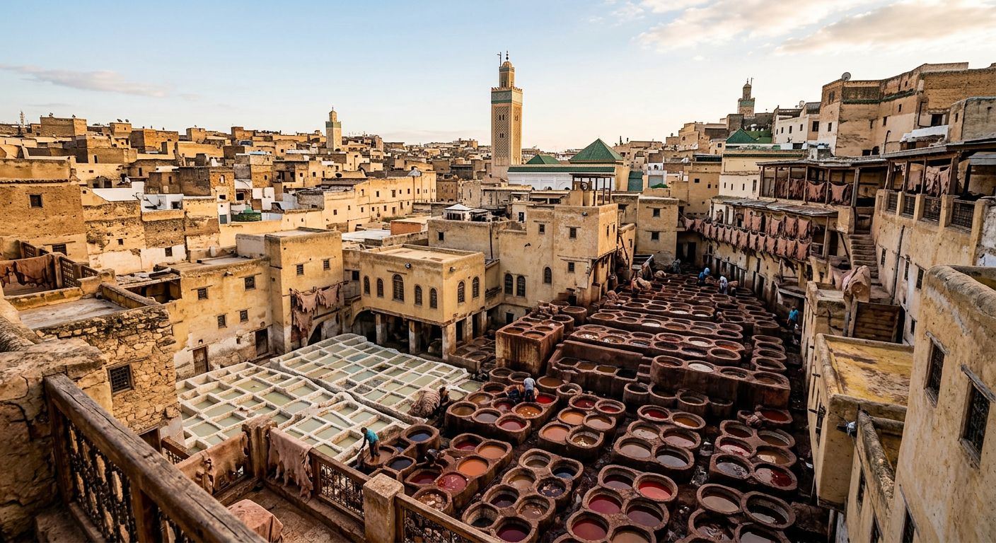 Ancient medina of Fes with the Chouara tannery and its colorful dye pits