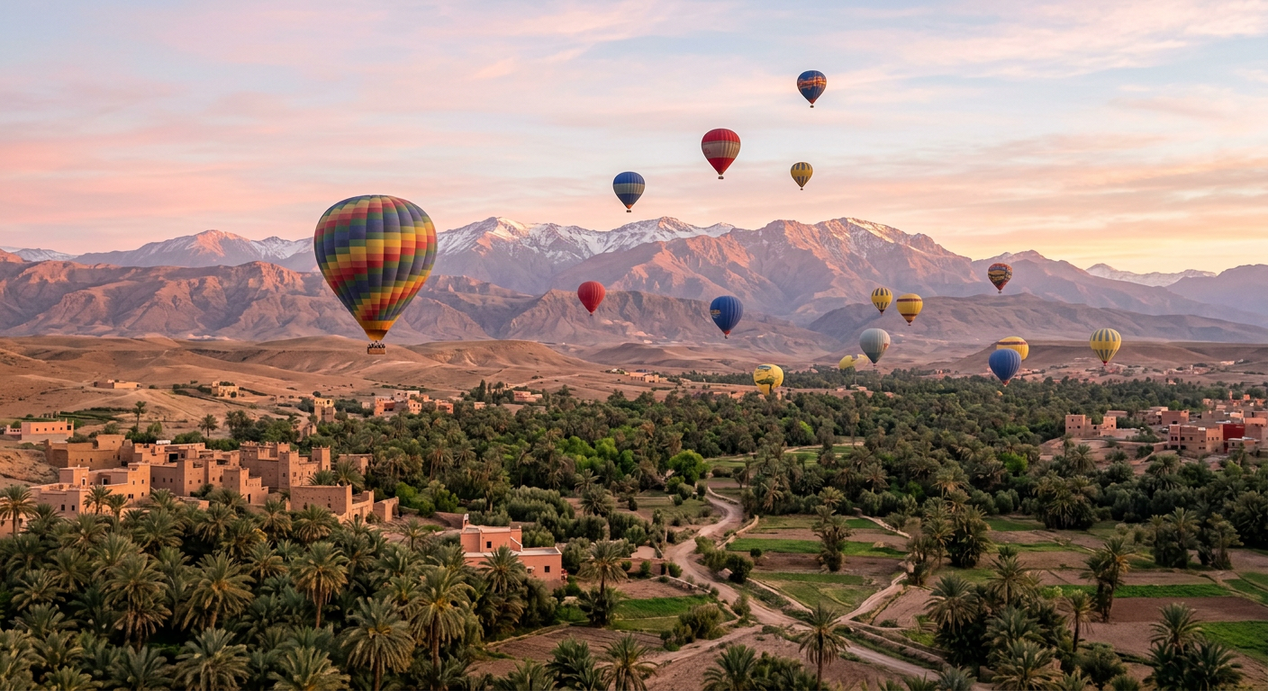Hot air balloons over the Marrakech countryside and Atlas Mountains at sunrise