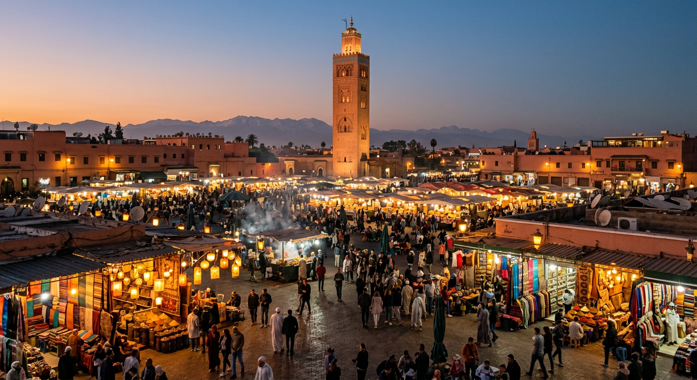 Marrakech medina rooftops with the Koutoubia minaret and Atlas Mountains behind
