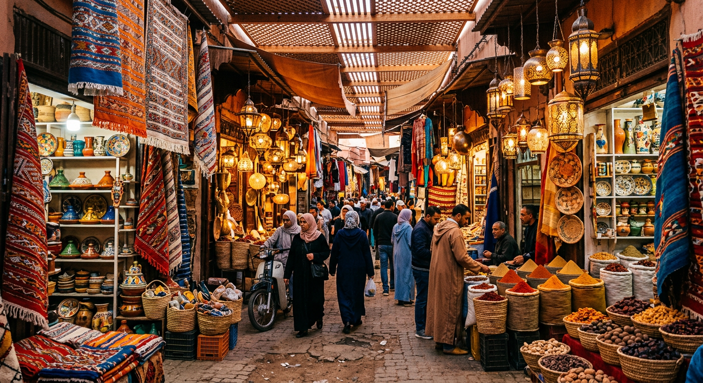 Busy Moroccan medina souk with lanterns, spices and textiles