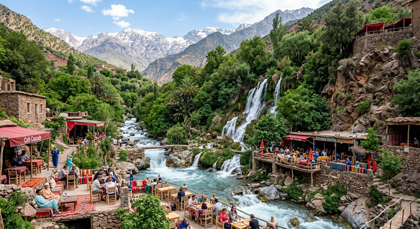 Green Ourika Valley river with waterfalls and riverside Berber cafes