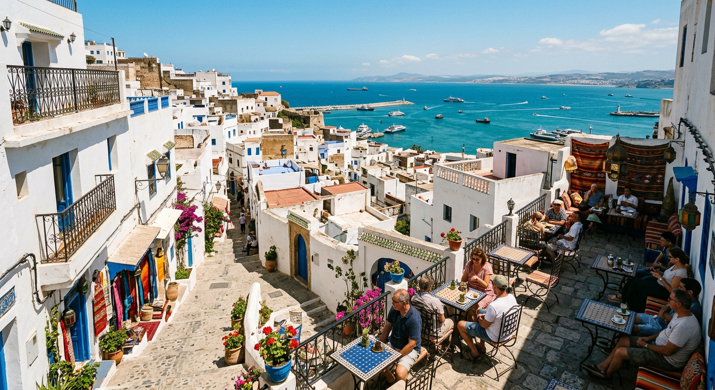 Whitewashed Tangier medina overlooking the blue Strait of Gibraltar