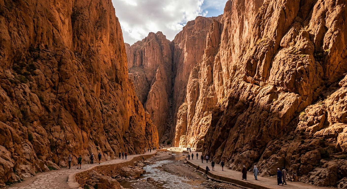 Towering vertical canyon walls of Todra Gorge with a narrow river path